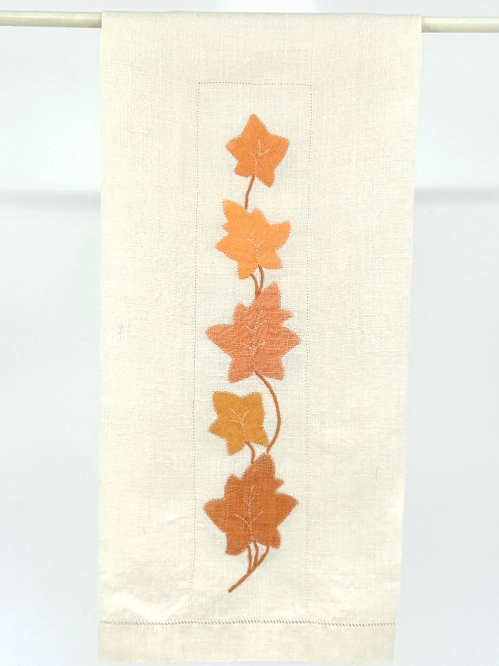 Vintage mid-century modern hand appliqué linen cotton tea towel autumn leaves